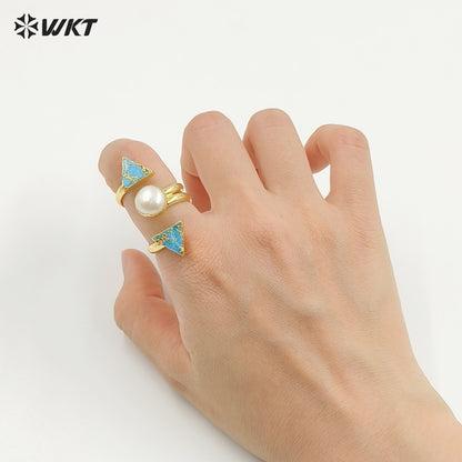 WT-R437 WKT Exclusive 18k Real Gold Plated Resist Tarnishale Copper Turquoise Stone Ring Women Adjustable Triple Natural Ring