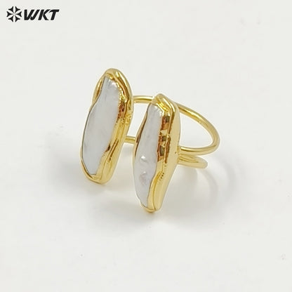 WT-R332 Classic Unique Each One Is Different Two Pearls Jewelry in Gold Plated Adjustable Natural Freshwater Pearl Rings