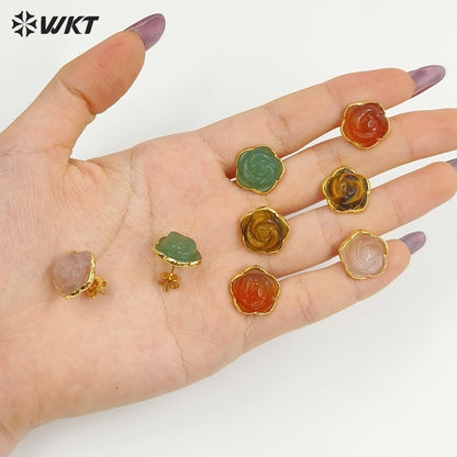 WT-E813 Exquisite Gold Plated Natural Gemstone Hand Carved Rose Flower Shape Little Earrings Studs For Lady Daily Jewelry