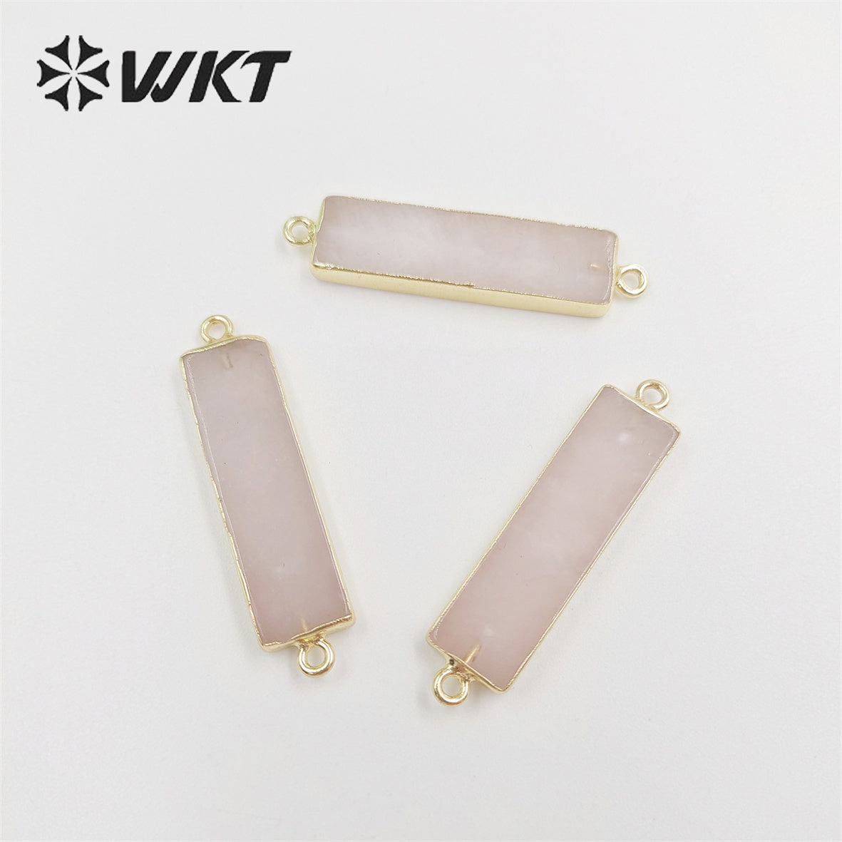 WT-C310 Amazing Fashion Double Loops Gold Plated Long Straight bar Connectors Lady Natural Rose Quartz Stone Jewelry Connector