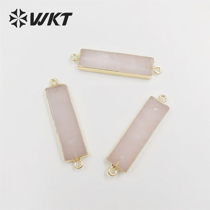 WT-C310 Amazing Fashion Double Loops Gold Plated Long Straight bar Connectors Lady Natural Rose Quartz Stone Jewelry Connector