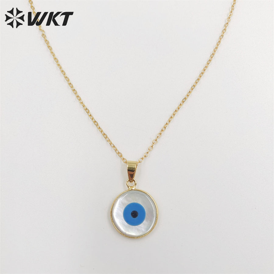 WT-N535 Beautiful Tiny Eye Charm Necklace Fashion Gold Round Natural MOP Eye Shell Charm Necklace Eye Necklace