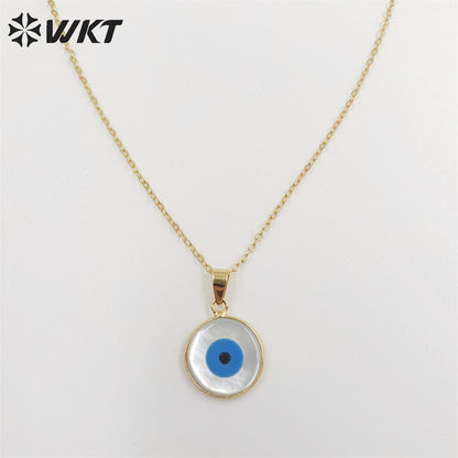 WT-N535 Beautiful Tiny Eye Charm Necklace Fashion Gold Round Natural MOP Eye Shell Charm Necklace Eye Necklace