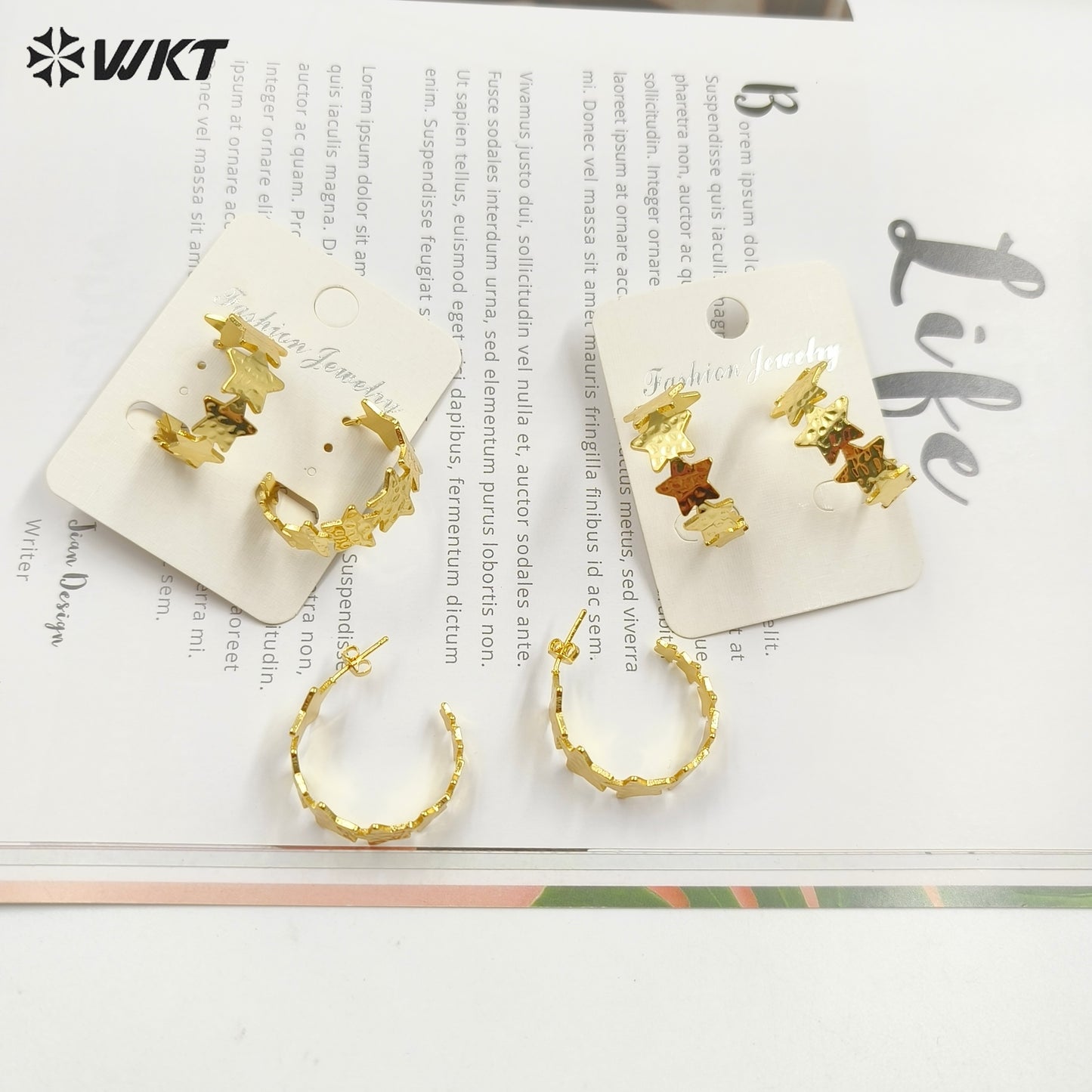 WT-JFE112 WKT New Trendy 18K Real Gold Plated Yellow Brass and Steel Ear Pin Super Star C Earrings