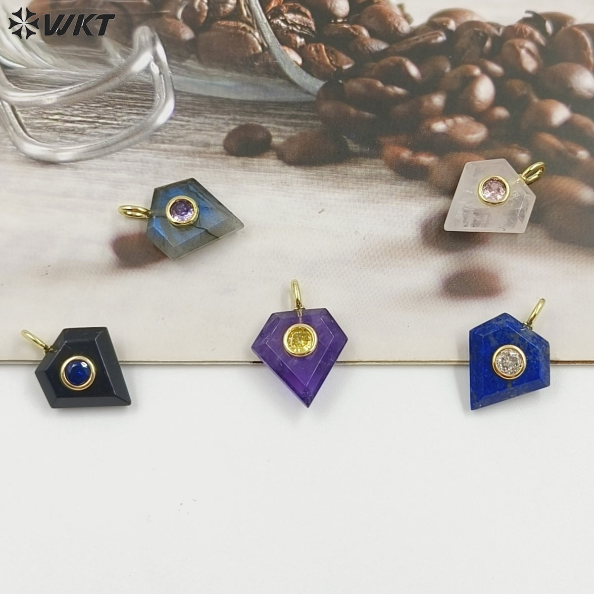 WT-P2052 New Arrival Zircon Gold Plated Rose Quartz Natural Gemstones Diamond Shape Charms Pendants For Handmade Gift Accessory