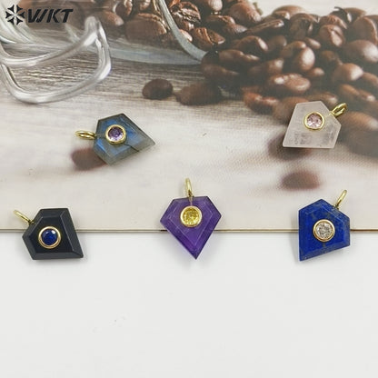 WT-P2052 New Arrival Zircon Gold Plated Rose Quartz Natural Gemstones Diamond Shape Charms Pendants For Handmade Gift Accessory