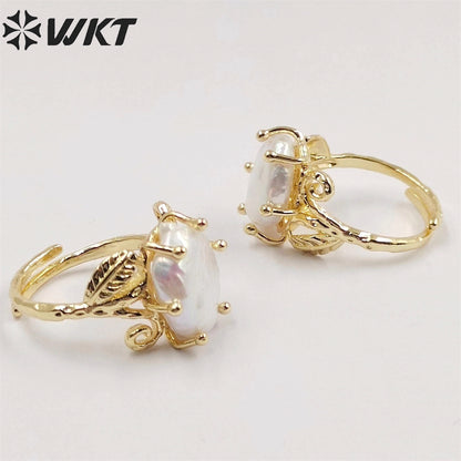 WT-MPR049 Unique Fashion Gold Plated Prong Setting Women Pearl Ring Delicate Round Coin Pearl Anneversary Gift Ring for Wife