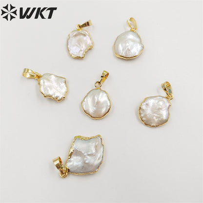 WT-P656 Wholesale Unique Natural Freeform White Freshwater Pearl Pendant Gold Edges Pendant DIY Jewelry Making