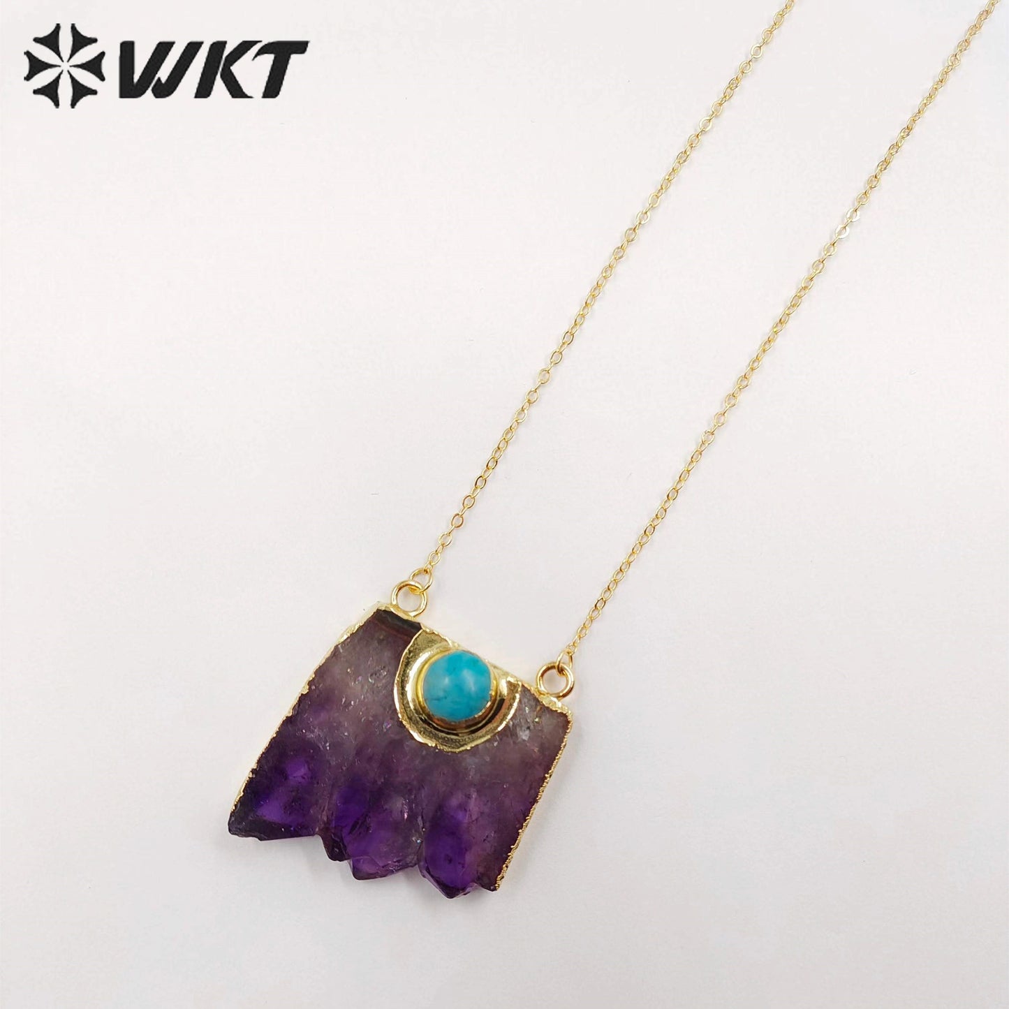 WT-N411 Natural Slice Raw Amethyst Necklace With Turquoise Elements, Uraguay Purple Amethyst Necklace With Gold Plated on Edged
