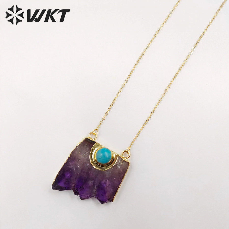 WT-N411 Natural Slice Raw Amethyst Necklace With Turquoise Elements, Uraguay Purple Amethyst Necklace With Gold Plated on Edged