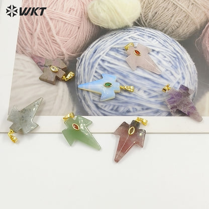 WT-P2096 Unique Design Zircon And Various Natural Gemstones Sword Shape Gold Pendants For Exclusive Necklaces Hand Making
