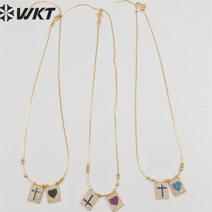 WT-N1385 Wholesale Fashion Gold Electroplated Micro Pave Cubic Zircon Necklace Lady Elegant Religious Cross Heart Necklace