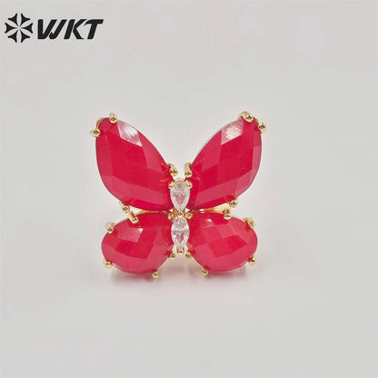 WT-R463 Wholesale Newest Handmade Design Ins Popular Stone Ring Natural Rose Quartz butterfly Ring for Girl Daily Party Ring
