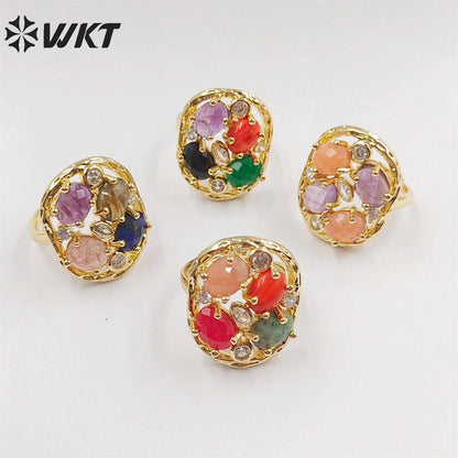 WT-R462 Amazing Handmade Claw Setting Natural Stone Women Ring 18k Real Gold Plated INS Hot Designer Wedding Ring