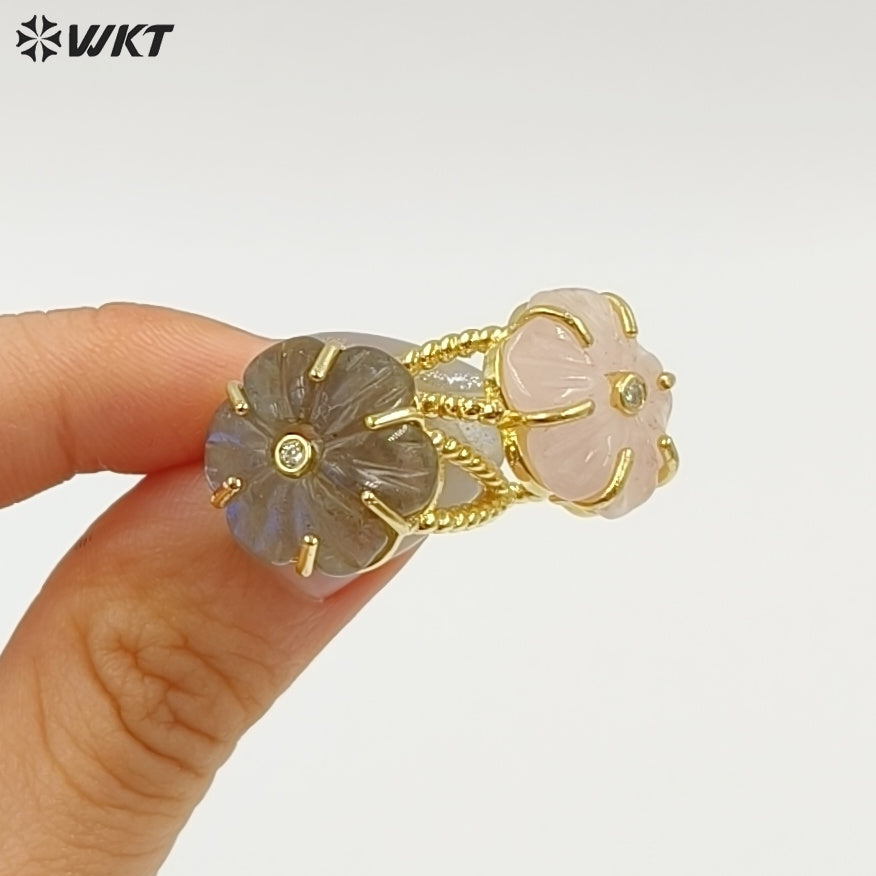 WT-R584 Wonderful Gold Plated Zircon And Natural Gemstones Lovely Flower Shape Adjustable Rings For Women Party Wearing Jewelry