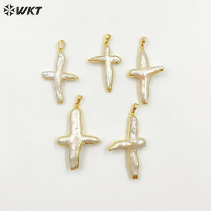 WT-P346 Amazing Fashion Gold Plated Freshwater Pearl Cross Pendant High Flash Baroque Women Real Pearl Cross Pendant for Women