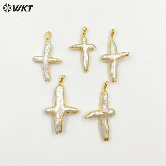 WT-P346 Amazing Fashion Gold Plated Freshwater Pearl Cross Pendant High Flash Baroque Women Real Pearl Cross Pendant for Women