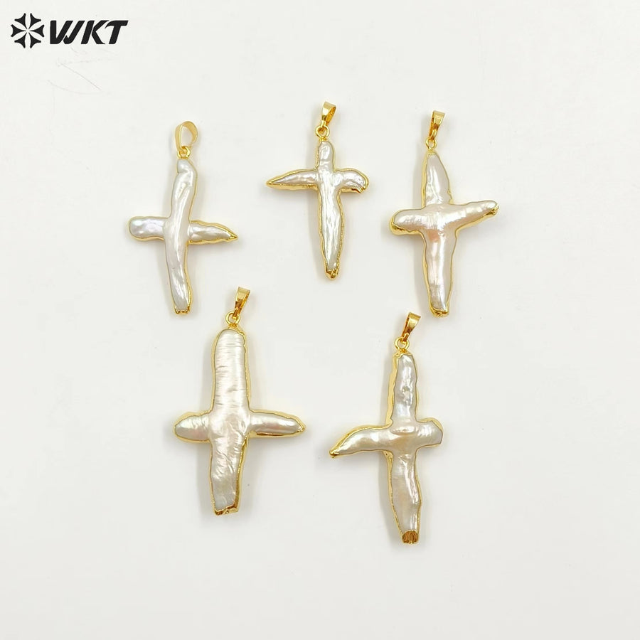 WT-P346 Amazing Fashion Gold Plated Freshwater Pearl Cross Pendant High Flash Baroque Women Real Pearl Cross Pendant for Women