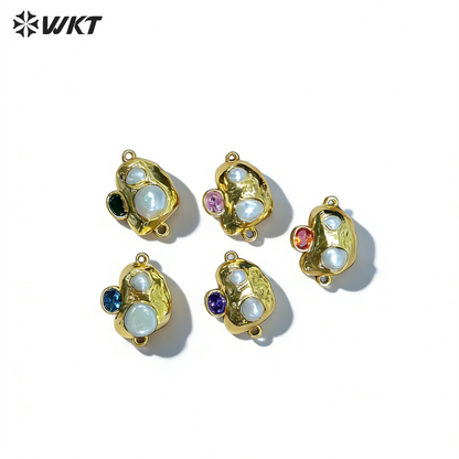 WT-PC023 New Arrival 18K Gold Plated Pearl And Various Colors Zircon Connector With Double Hoops For Women Bracelets Making