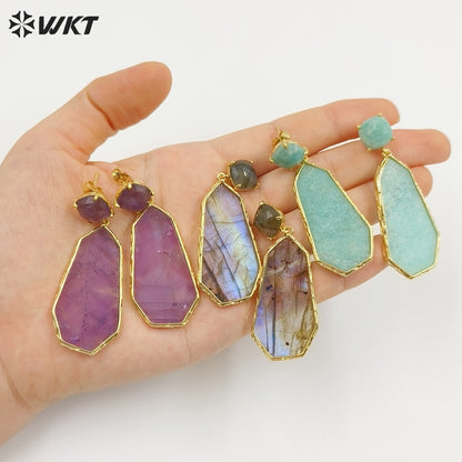 WT-E826 Factory Wholesale Gold Plated Colorful Natural Gemstones Long Earrings For Female Party Wearing Jewelry Accessory