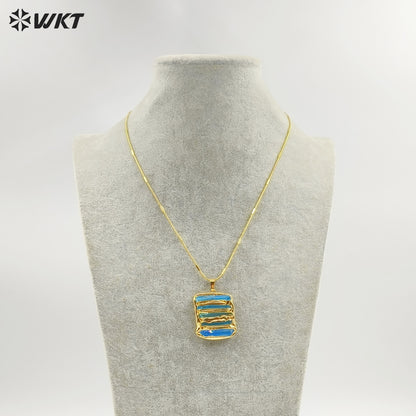 WT-N1494 Amazing Women Natural Aura Aqua Quartz Stone Pendant Necklace Gold Plated Tiny Chain Wholesale Jewelry Birthday Gift