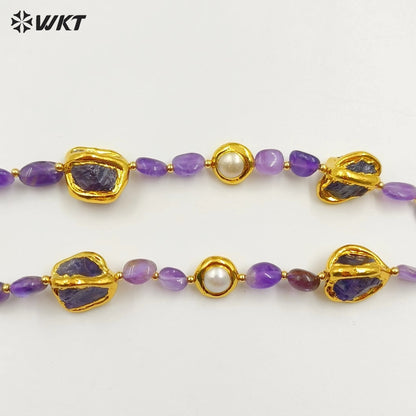 WT-N1464 Gorgeous Unique Gold Plated Natural Chunky Amethyst Beads and Pearl Big Stone Pendant Necklace