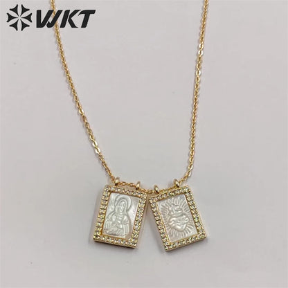 WT-JN220 Super Hot Fashion Double Charms Micropaved CZ Setting Mother of Pearl Shell Necklace 18k Gold Religion Maria Necklace