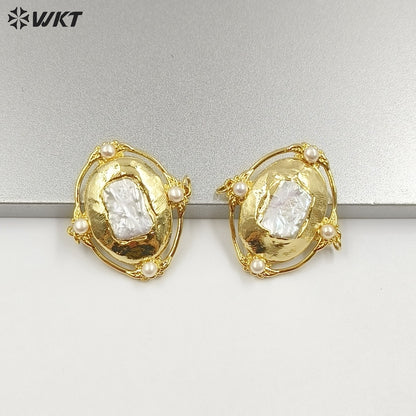 WT-PC017 Wholesale 18K Gold Plated Double Hoops Natural Freshwater Pearl Connectors For Ladies Necklace Bracelet Making