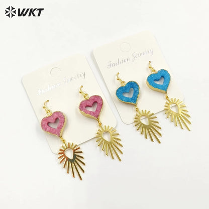 WT-E747 Wholesale Fashion New 18k Gold Plated Hollow Design Lovely Druzy Quartz Made Heart and Leaf Stone Earrings