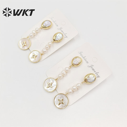 WT-MPE080 Women Gorgeous Gold Plated Natural Freshwater Pearl Earrings Delicate Long Charming Real Pearl Lady Studs