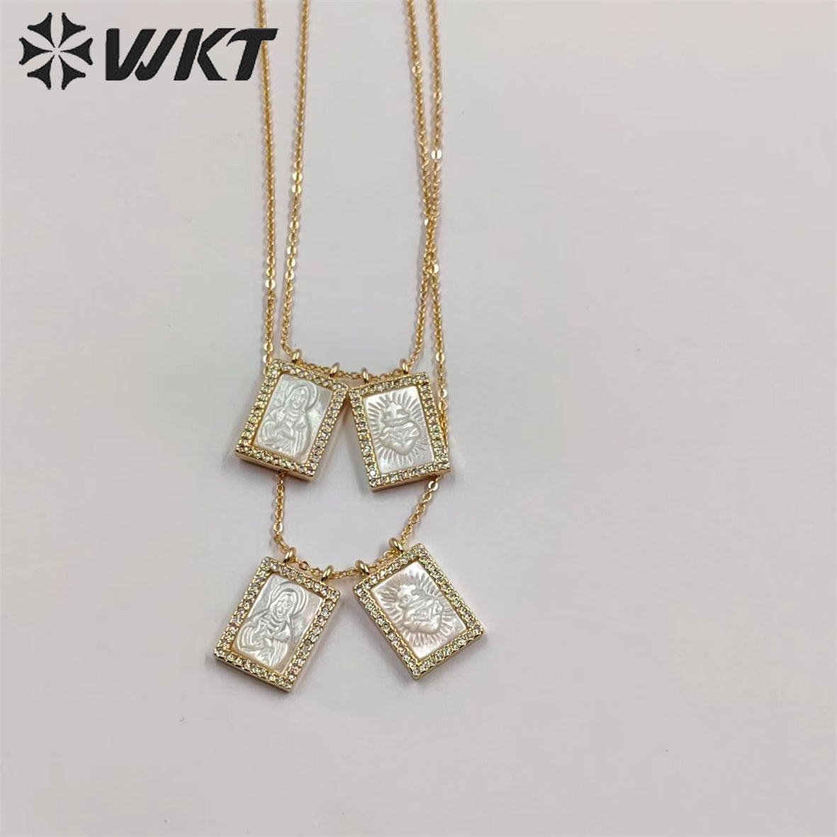 WT-JN220 Super Hot Fashion Double Charms Micropaved CZ Setting Mother of Pearl Shell Necklace 18k Gold Religion Maria Necklace