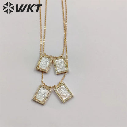 WT-JN220 Super Hot Fashion Double Charms Micropaved CZ Setting Mother of Pearl Shell Necklace 18k Gold Religion Maria Necklace