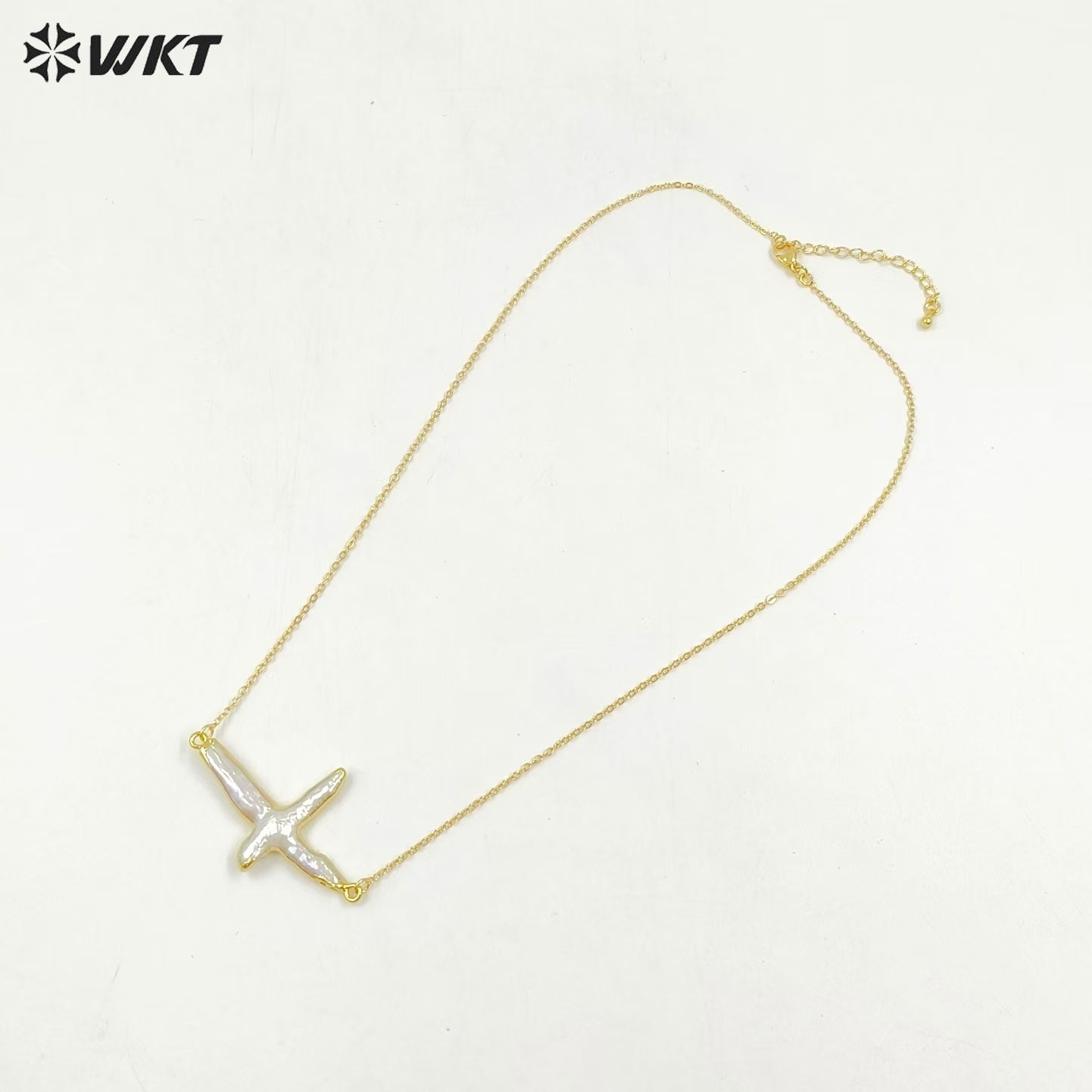 WT-N659 Wholesale Vintage Natural Freshwater Pearl Necklace, Fashion Gold Plated Double Loops Pearl Cross Necklace