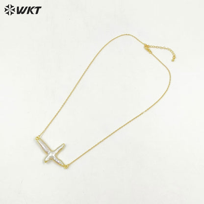 WT-N659 Wholesale Vintage Natural Freshwater Pearl Necklace, Fashion Gold Plated Double Loops Pearl Cross Necklace