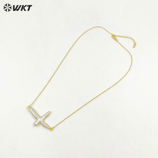 WT-N659 Wholesale Vintage Natural Freshwater Pearl Necklace, Fashion Gold Plated Double Loops Pearl Cross Necklace