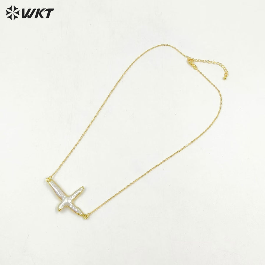 WT-N659 Wholesale Vintage Natural Freshwater Pearl Necklace, Fashion Gold Plated Double Loops Pearl Cross Necklace