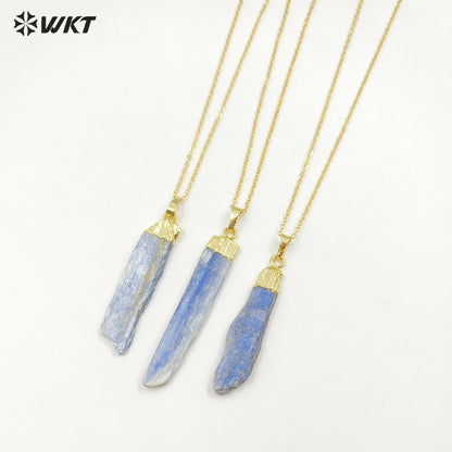 WT-N451 Wholesale Natural Raw Blue Kyanite Necklace Fashion Gemstone Charm Kyanite with 18k Gold Plated Pendant Necklace