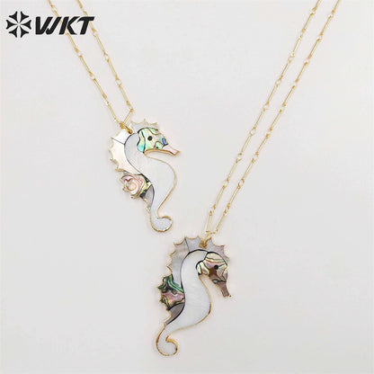 WT-N1069 WKT Wholesale New Fashion Stick Link Chain Jewelry Seahorse Shape Natural Abalone Shell Necklace