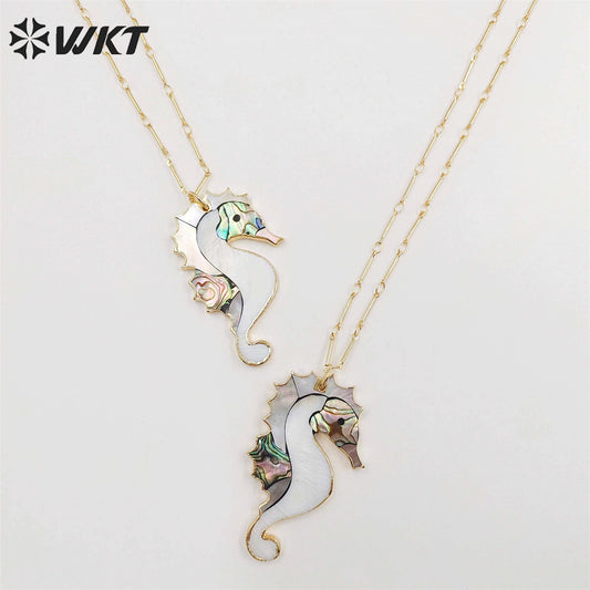 WT-N1069 WKT Wholesale New Fashion Stick Link Chain Jewelry Seahorse Shape Natural Abalone Shell Necklace