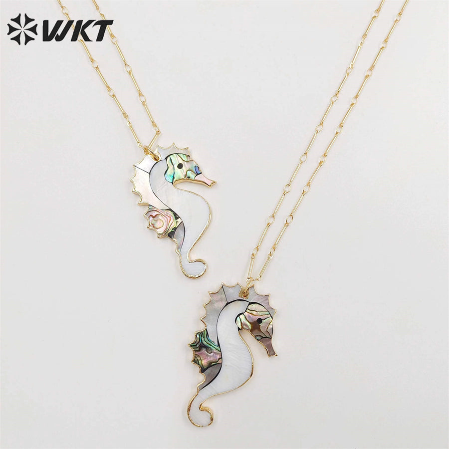 WT-N1069 WKT Wholesale New Fashion Stick Link Chain Jewelry Seahorse Shape Natural Abalone Shell Necklace