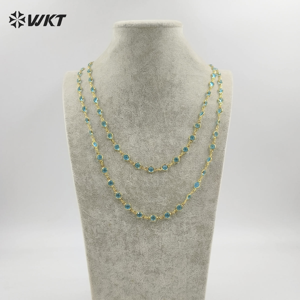 WT-RBC230 Super Hot 18K Real Gold Plated Aqua Crystal Round Beads Chain for Women Jewelry Necklace DIY Design Findings
