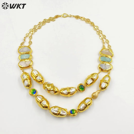 WT-JN252 Vintage Style Trendy Double Steel Natural Gemstone Exquisite High Quality Pendant Neckla
