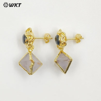 WT-E793 Exquisite Unique 18K Gold Electroplated Natural Gemstones Rhombus Little Earrings As Women Party Birthday Present