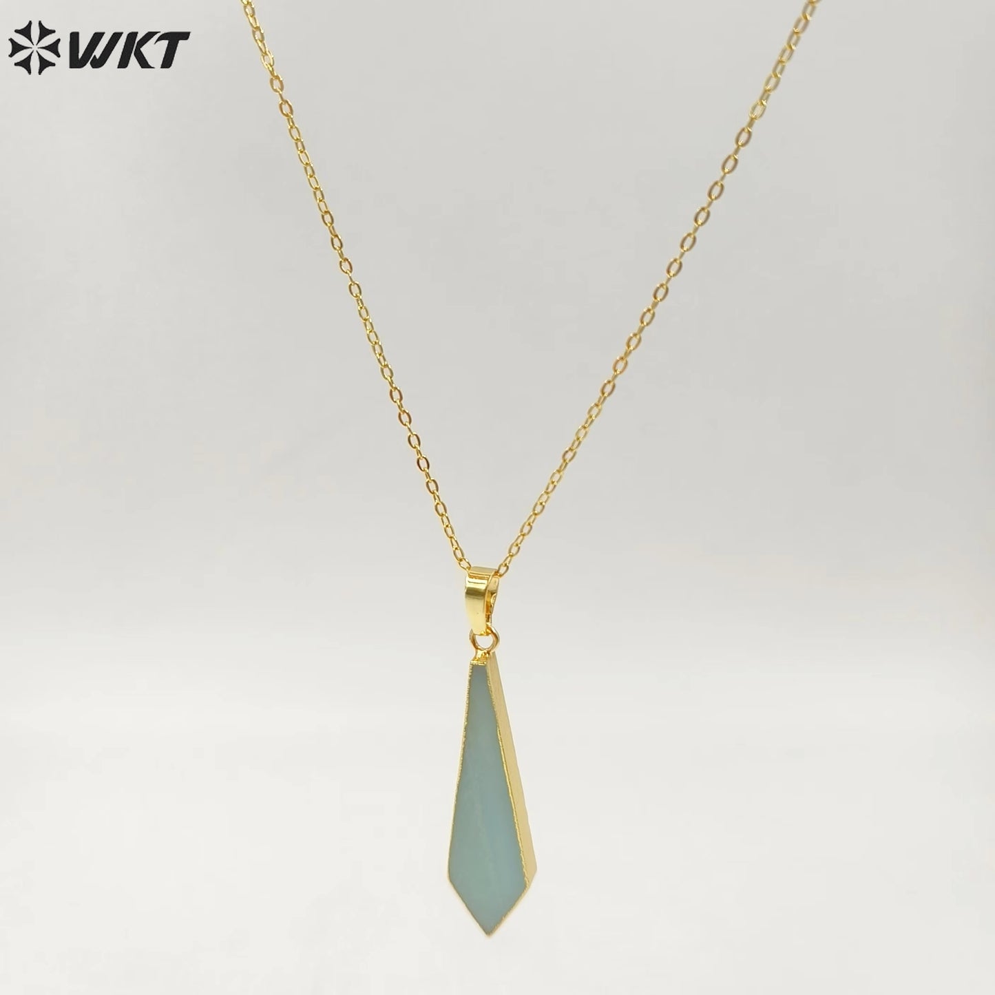 WT-N1076 WKT Wholesale New Popular Thin Green Stone Charm Necklace 24 k Real Gold Plated Amazonite Necklace