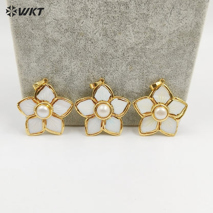 WT-JP415 How Lovely and Sweet Natural White Shell Carved Women Pearl Star Flower Pendants for Necklace