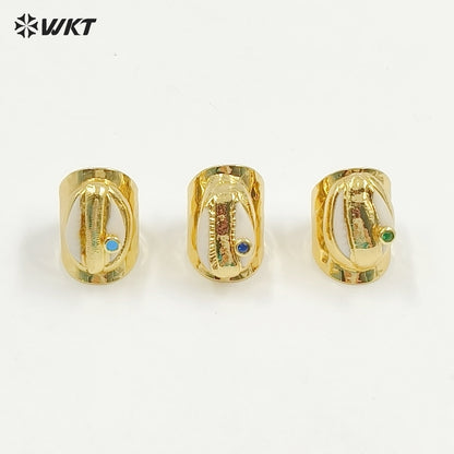 WT-R335 Wholesale Bohemian Style Cowrie Ring With Multicolor Beads in 18K Gold Plated Adjustable Natural Cowrie Shell Ring