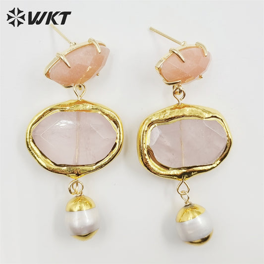 WT-E710 Wholesale Newest Fashion Gold Triple Stone Combined Earrings Women Wire Wrapped Handmade Gemstone Quartz Earrings