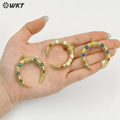 WT-P2050 Delicate 18K Gold Plated Zircon And Lapis Multi Gemstones Horn Shape Pendants For Women DIY Jewelry Accessories