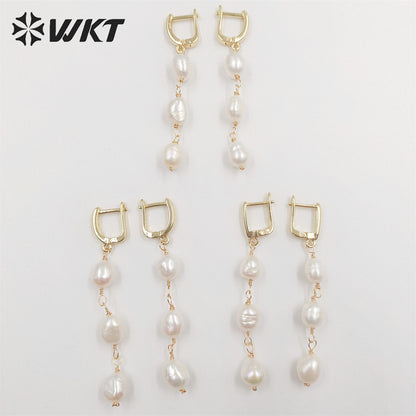 WT-MPE078 New Elegant Triple Freshwater Pearl Beads Make Clasp Earrings Fashion Gold Dangling Wire Wrapped Real Pearl Earrings