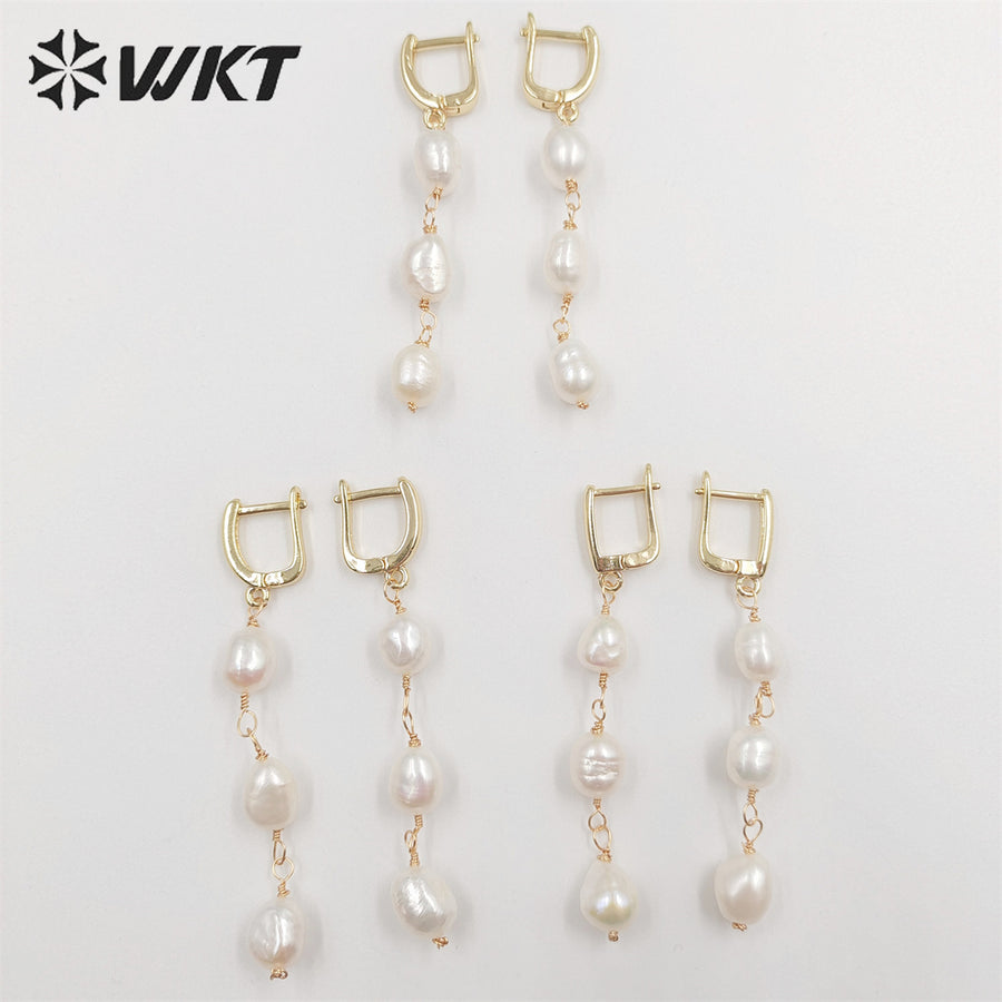 WT-MPE078 New Elegant Triple Freshwater Pearl Beads Make Clasp Earrings Fashion Gold Dangling Wire Wrapped Real Pearl Earrings